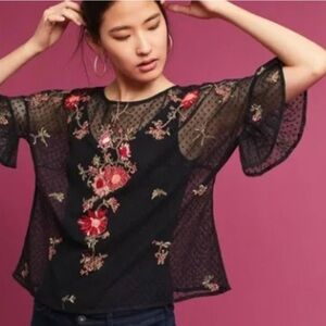 Anthropologie Embroidered Sheer Top